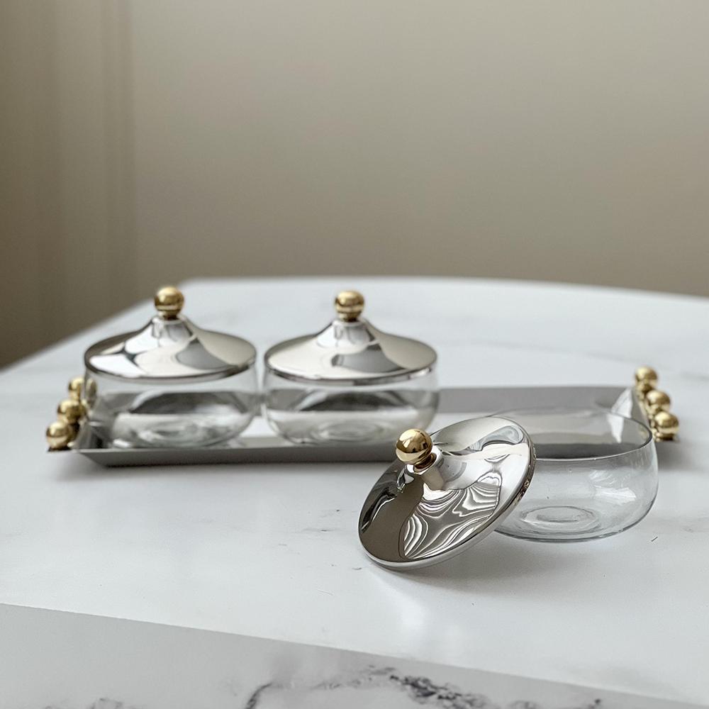 Stainless Steel Dip Tray & Bowls with Gold Balls
