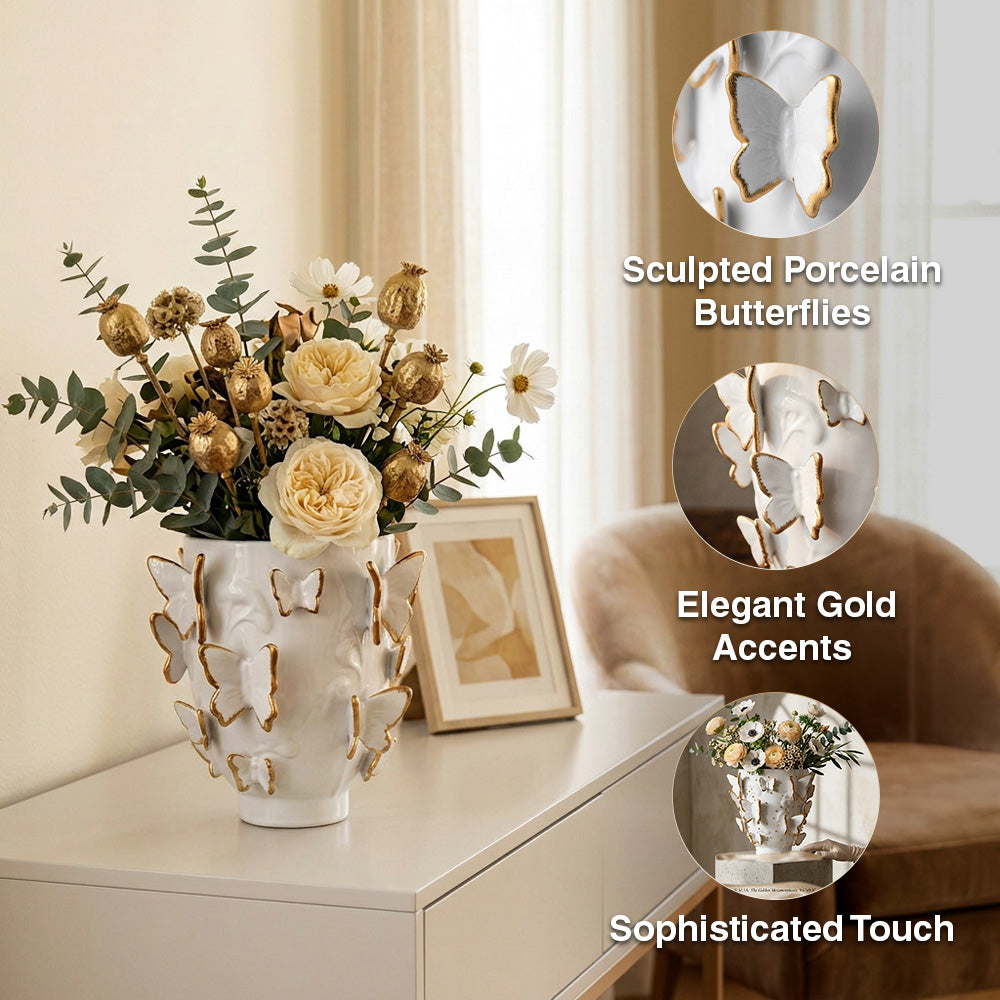 Porcelain Vase with Gold Accented Butterflies Large