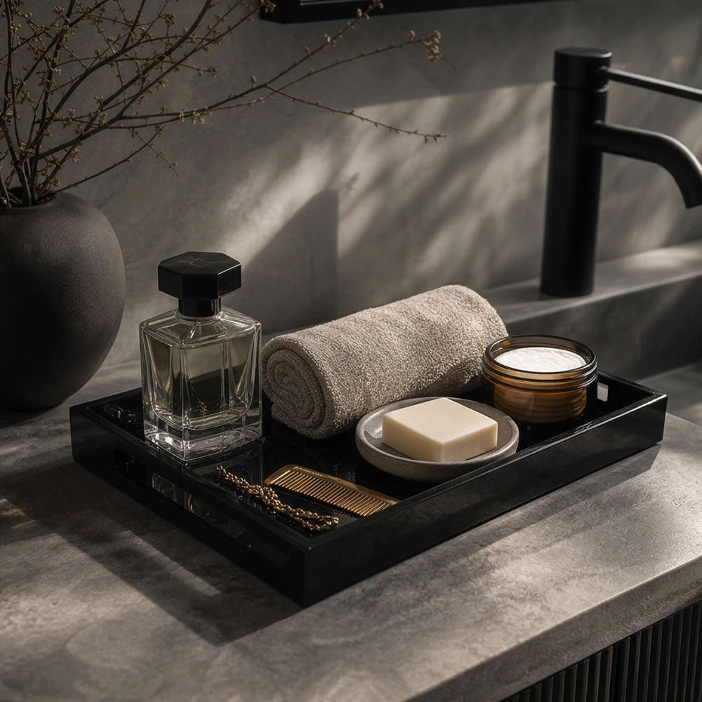Black Rectangle Lacquered Wood Tray