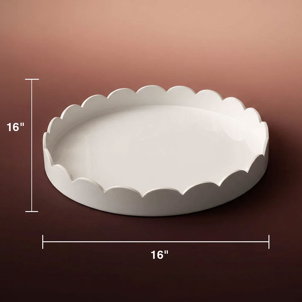White Scalloped Edge Round Lacquered Wood Tray