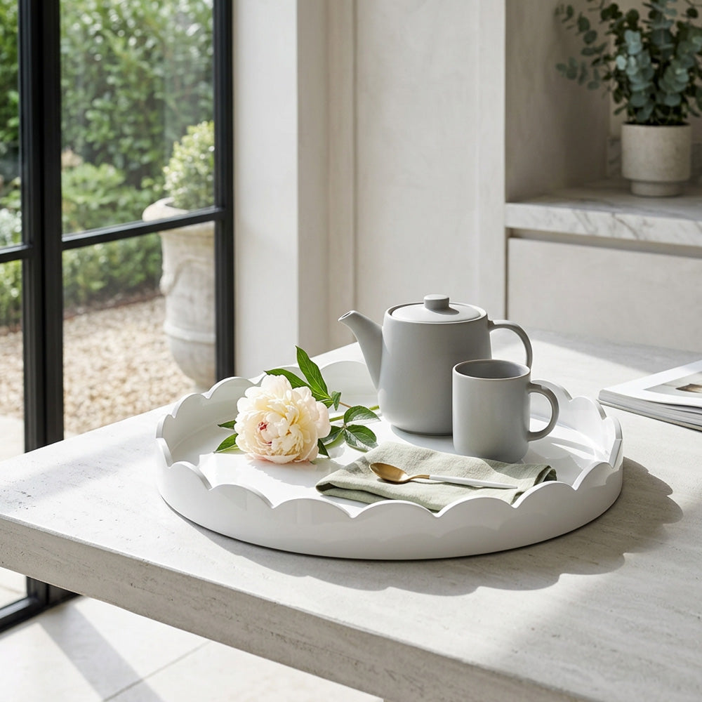 White Scalloped Edge Round Lacquered Wood Tray