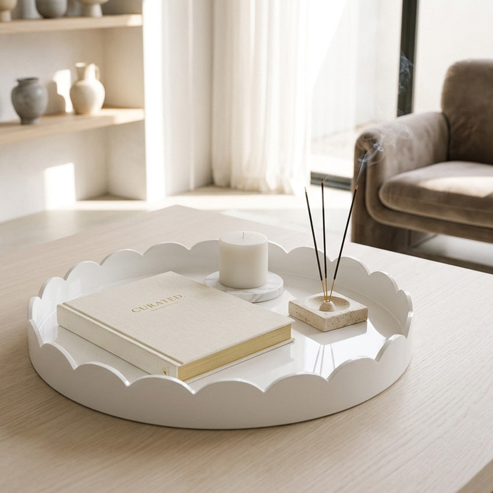 White Scalloped Edge Round Lacquered Wood Tray