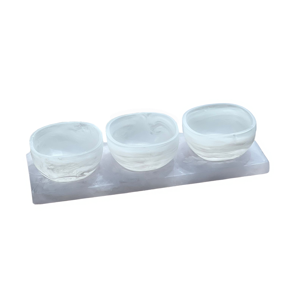 Resin White Swirl Dip Bowls and Tray
