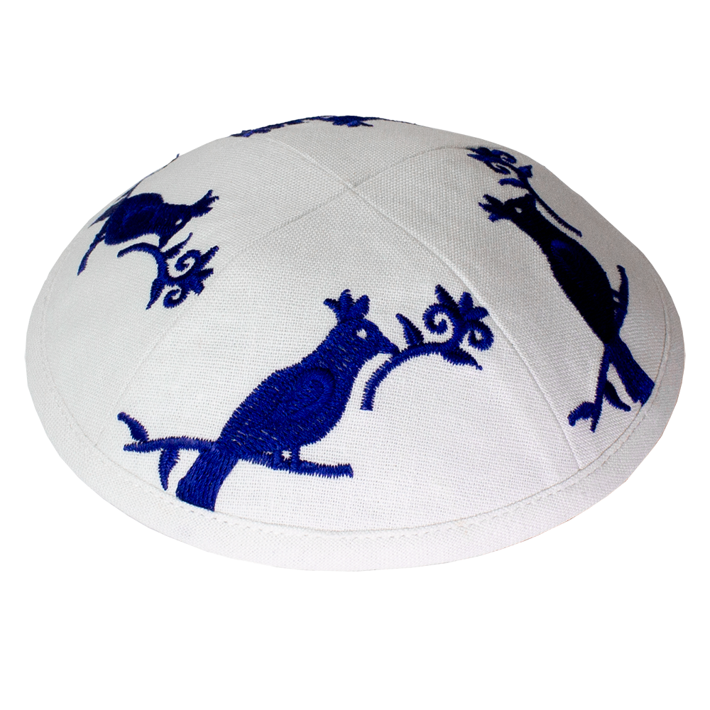 Kippah White Birds Linen