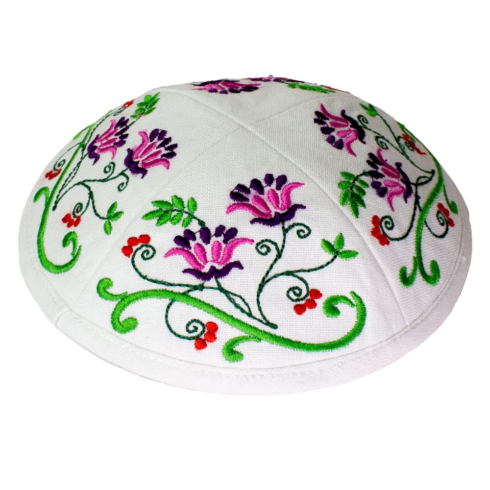 Kippah White Flowers Linen