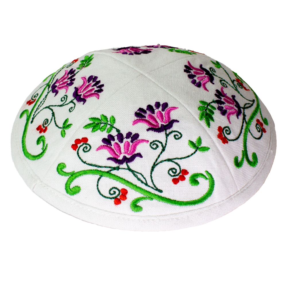 Kippah White Flowers Linen