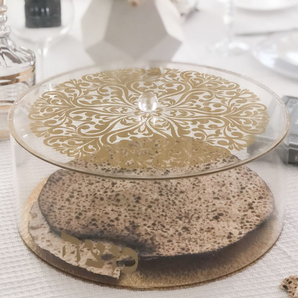 Lucite Matzah Box Gold Floral Design