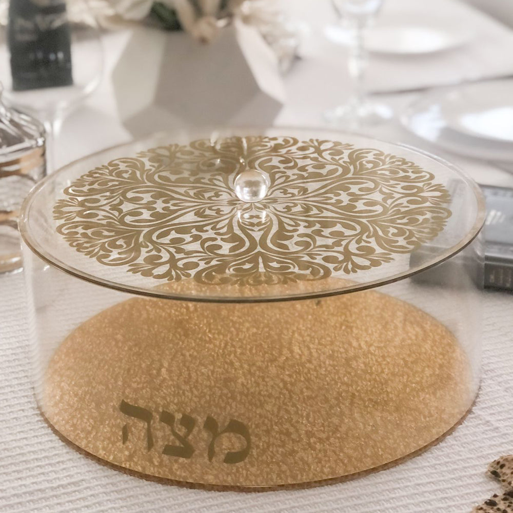 Lucite Matzah Box Gold Floral Design