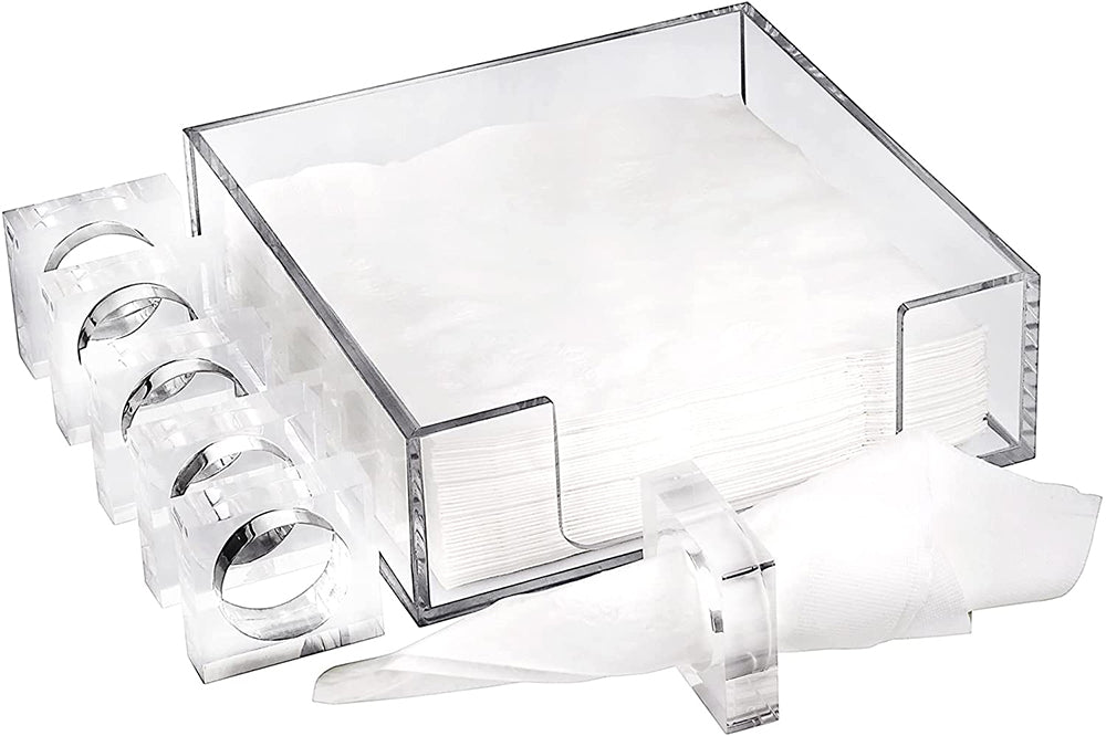 Lucite Napkin Holder Set with 6 Napkin Rings