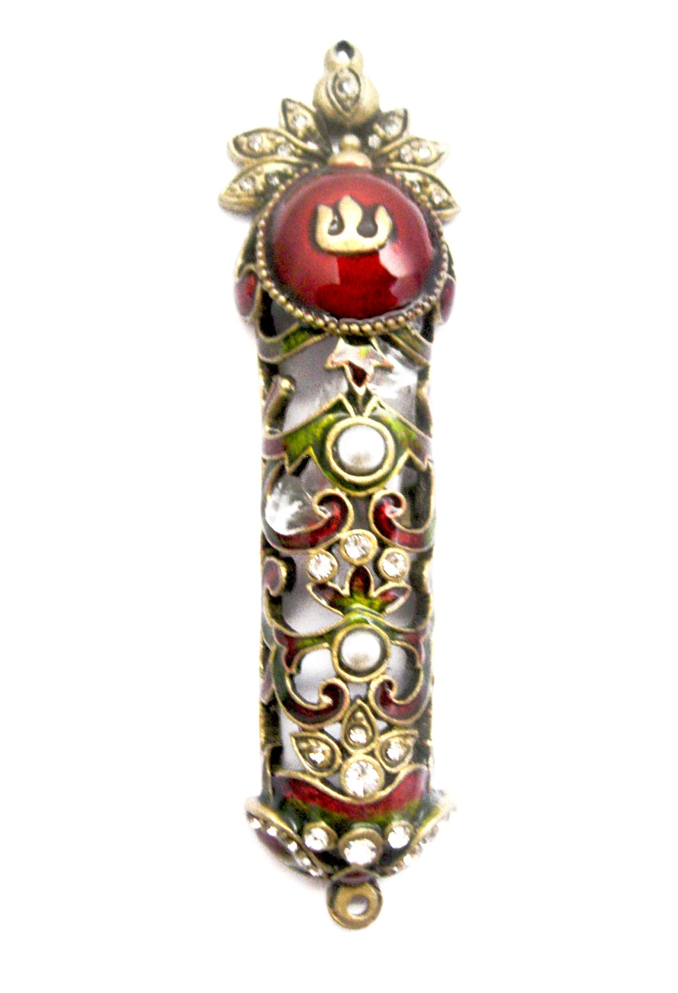 Metal Mezuzah Case Antique Brass Burgundy Green with Clear Crystals White Pearls