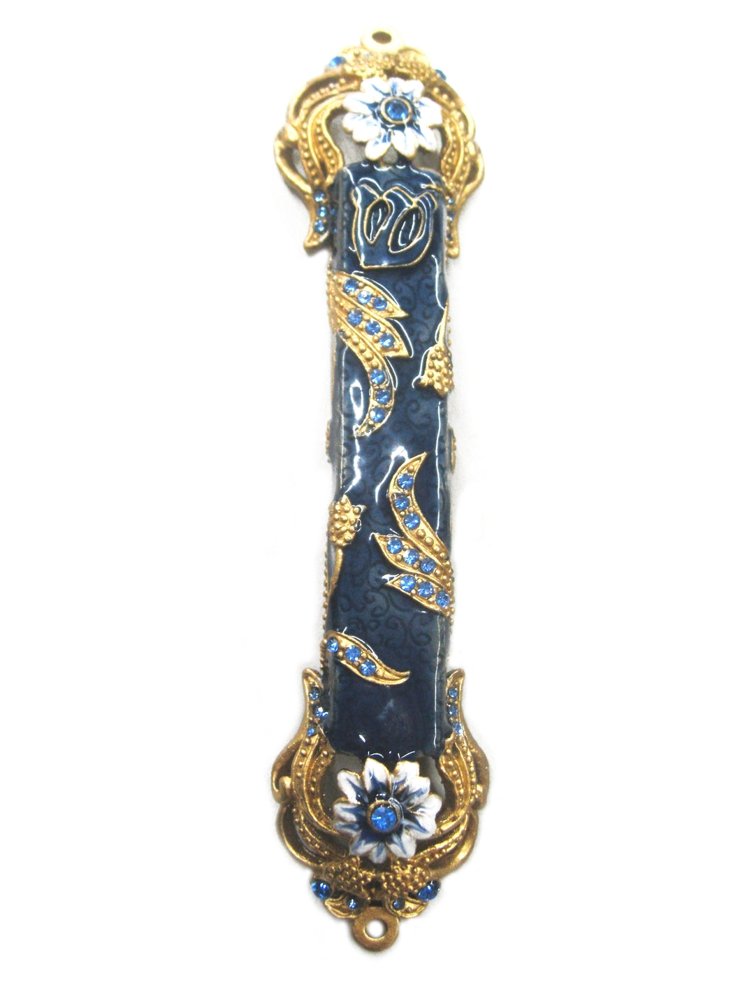 Metal Mezuzah Case Gold Blue White with Blue Crystal