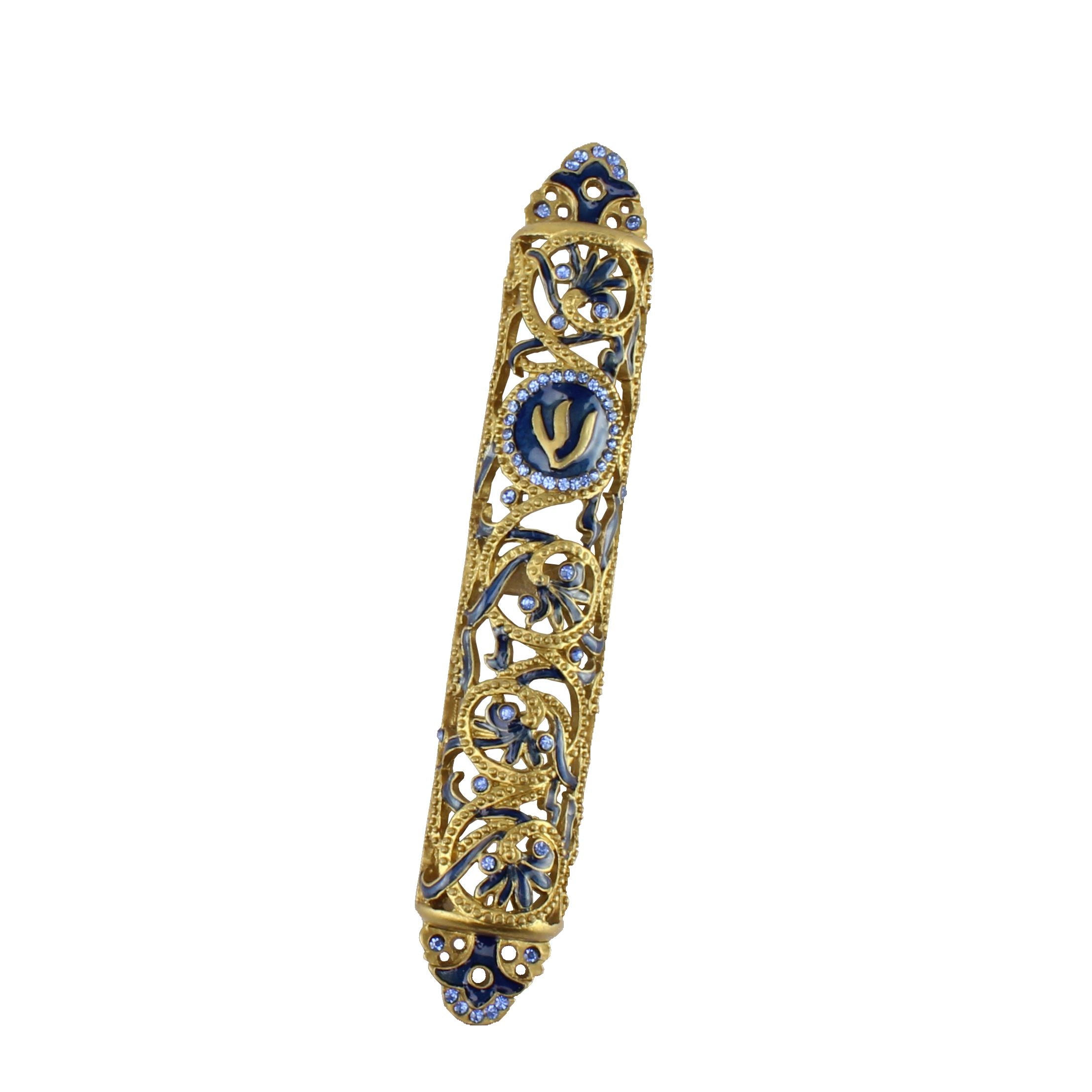 Metal Mezuzah Case Gold Paint Blue with Blue Crystals