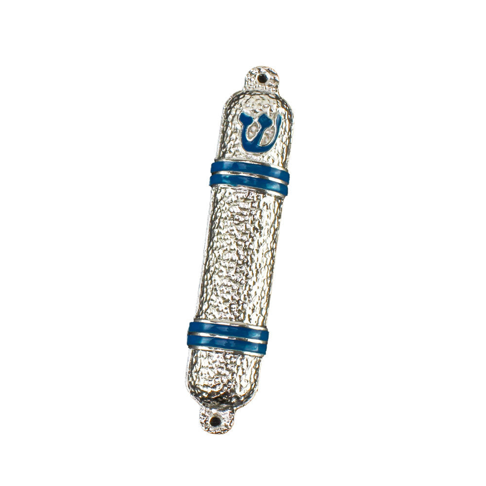 Metal Mezuzah Case Silver with Blue lines