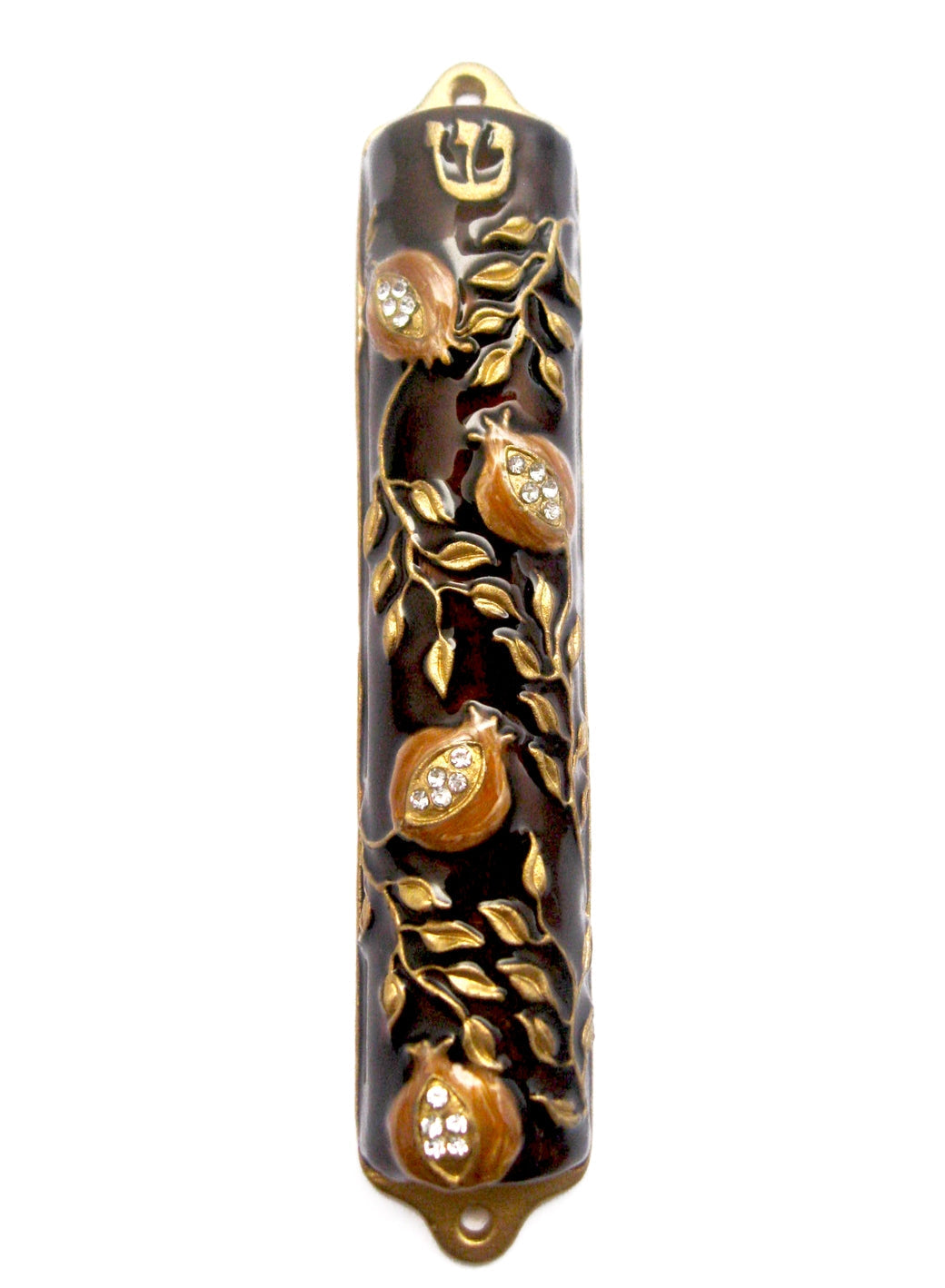 Metal Mezuzah Case with Gold and Amber Paint with Clear Crystals