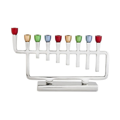 Polished Silver Metal Menorah with Colorful Candle Cups