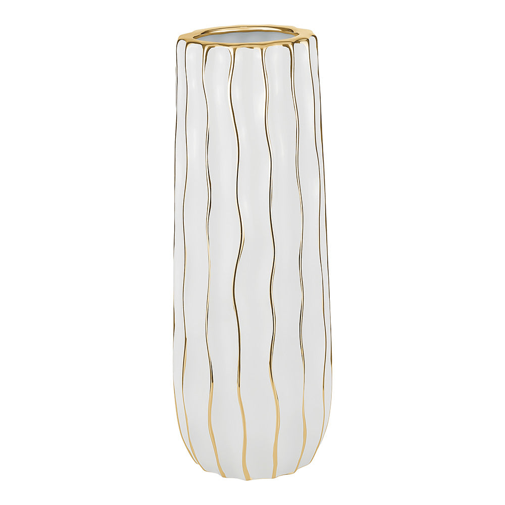 Tall White Porcelain Vase with Gold Wavy Design