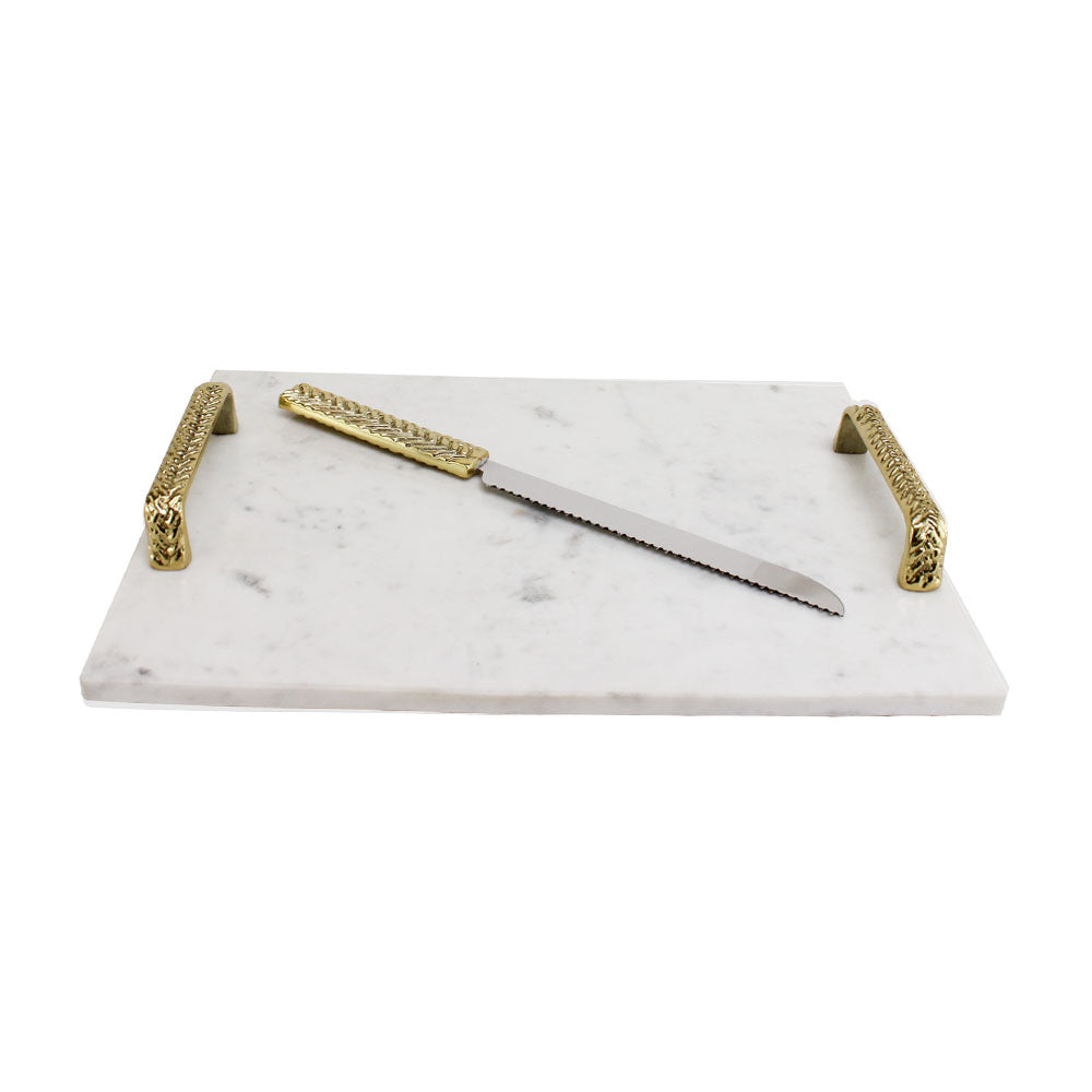 Marble Challah Board with Braided Gold Handles and Coordinating Knife