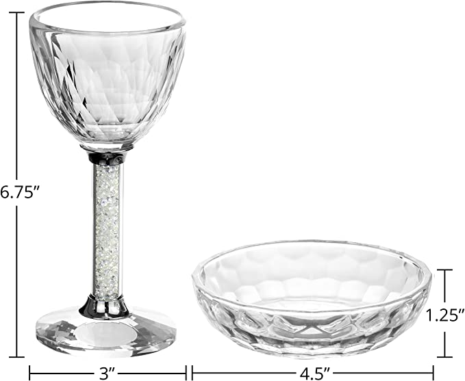 Crystal Kiddush Cup with Clear Gemstones within the Stem and Coordinating Tray