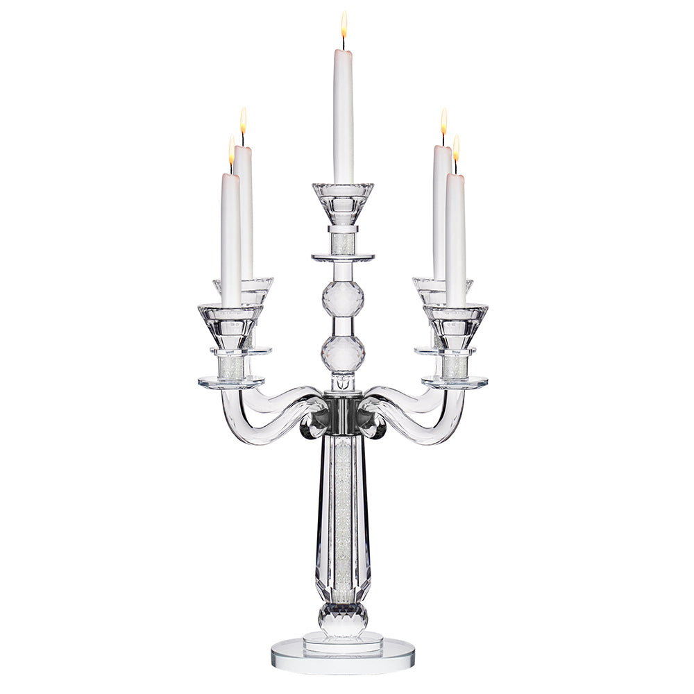 Crystal Candelabra with 5 Arms and Round Crystals in Center Stem