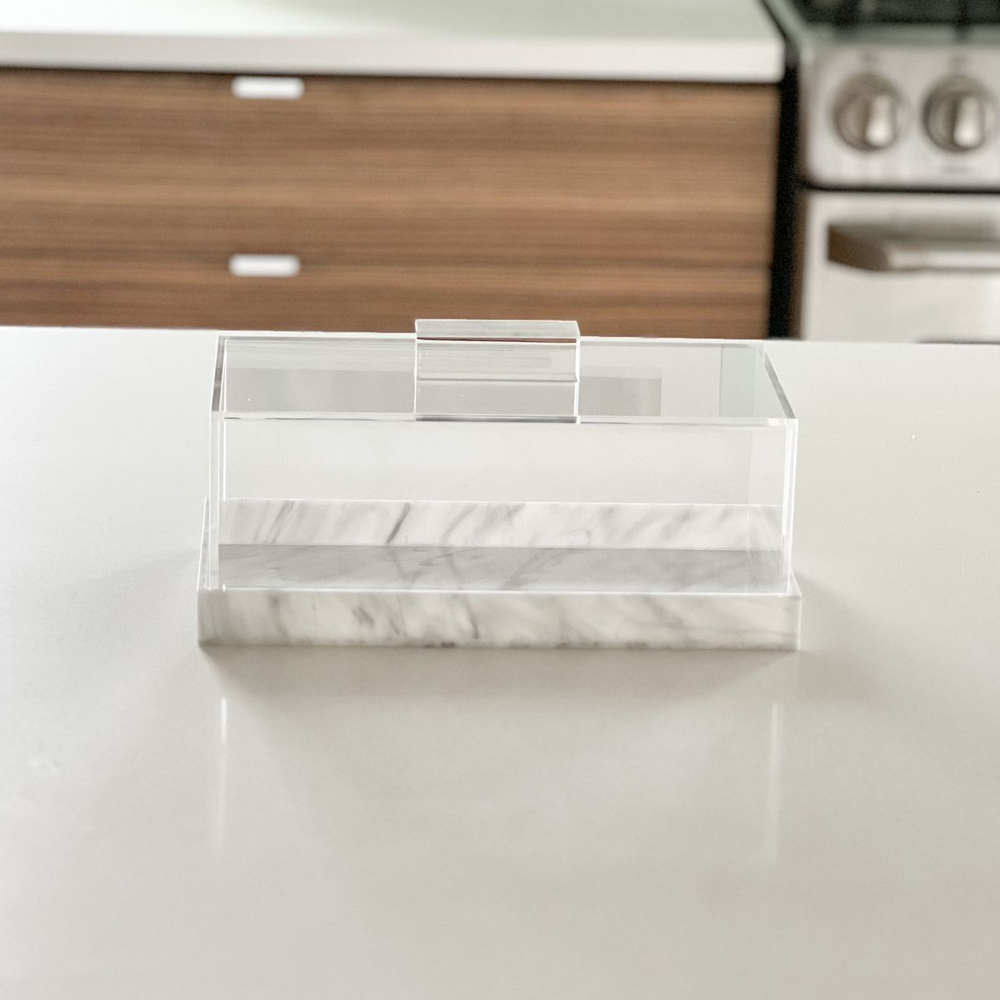 Lucite Decorative Rectangular Container with White Marble Base