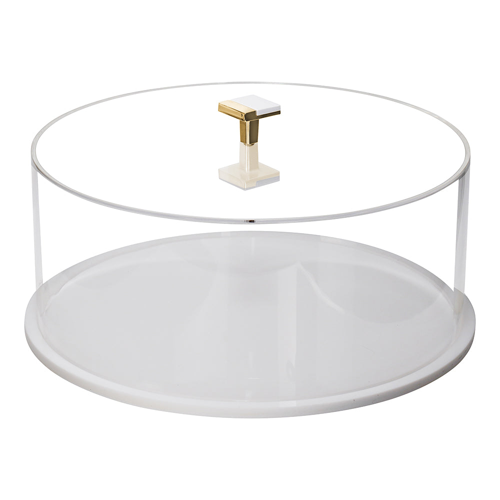 Lucite Cake Dome with White Base and Metal Knob Handle