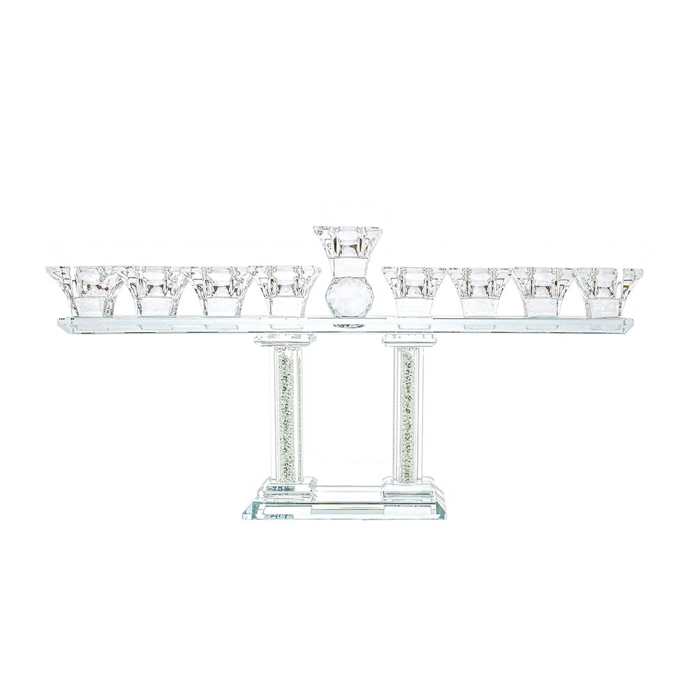 Crystal Menorah on Two Pillars with Gold and Silver Inner Gemstones