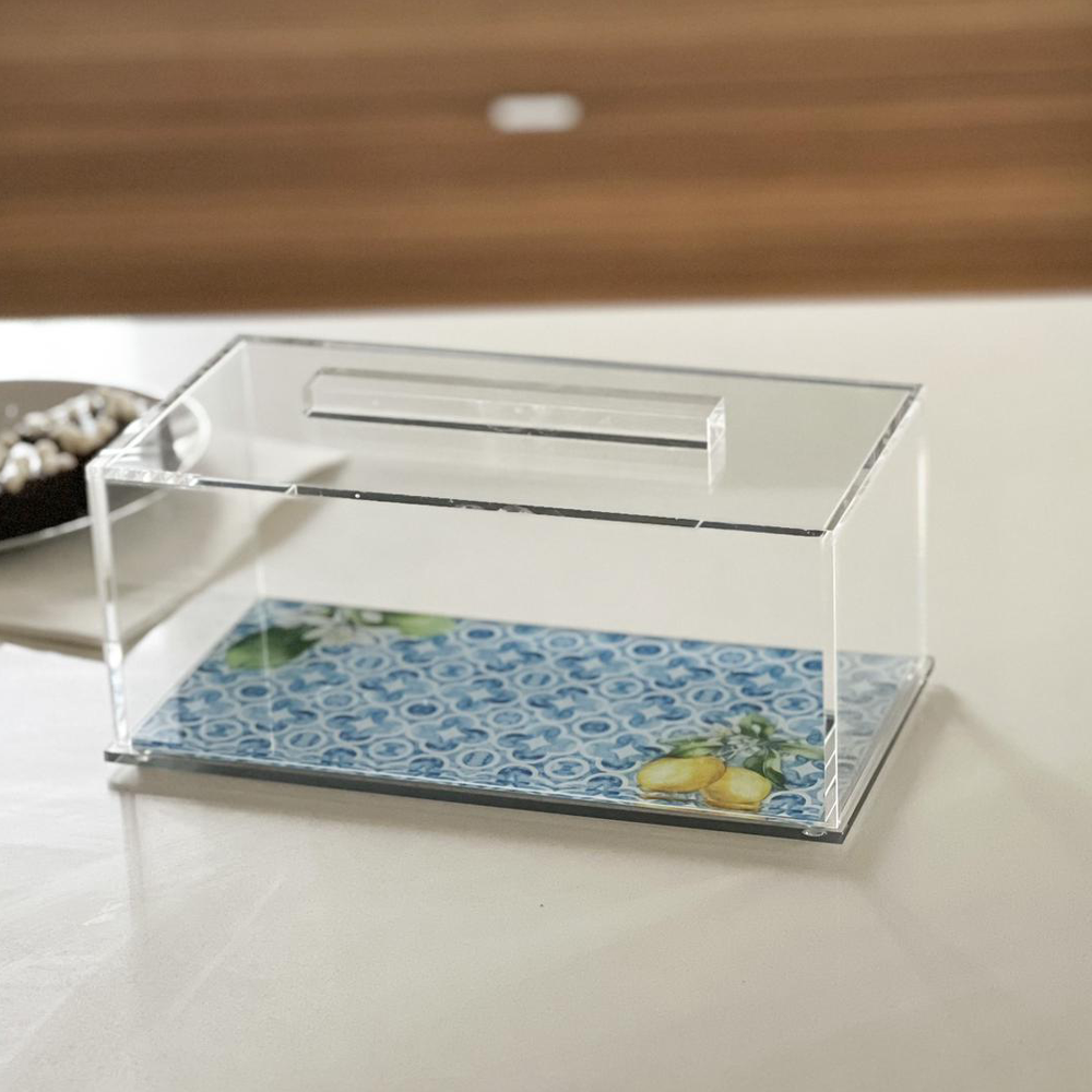 Lucite Cake Tray with Painted Lemon Printed Base and Clear Lid