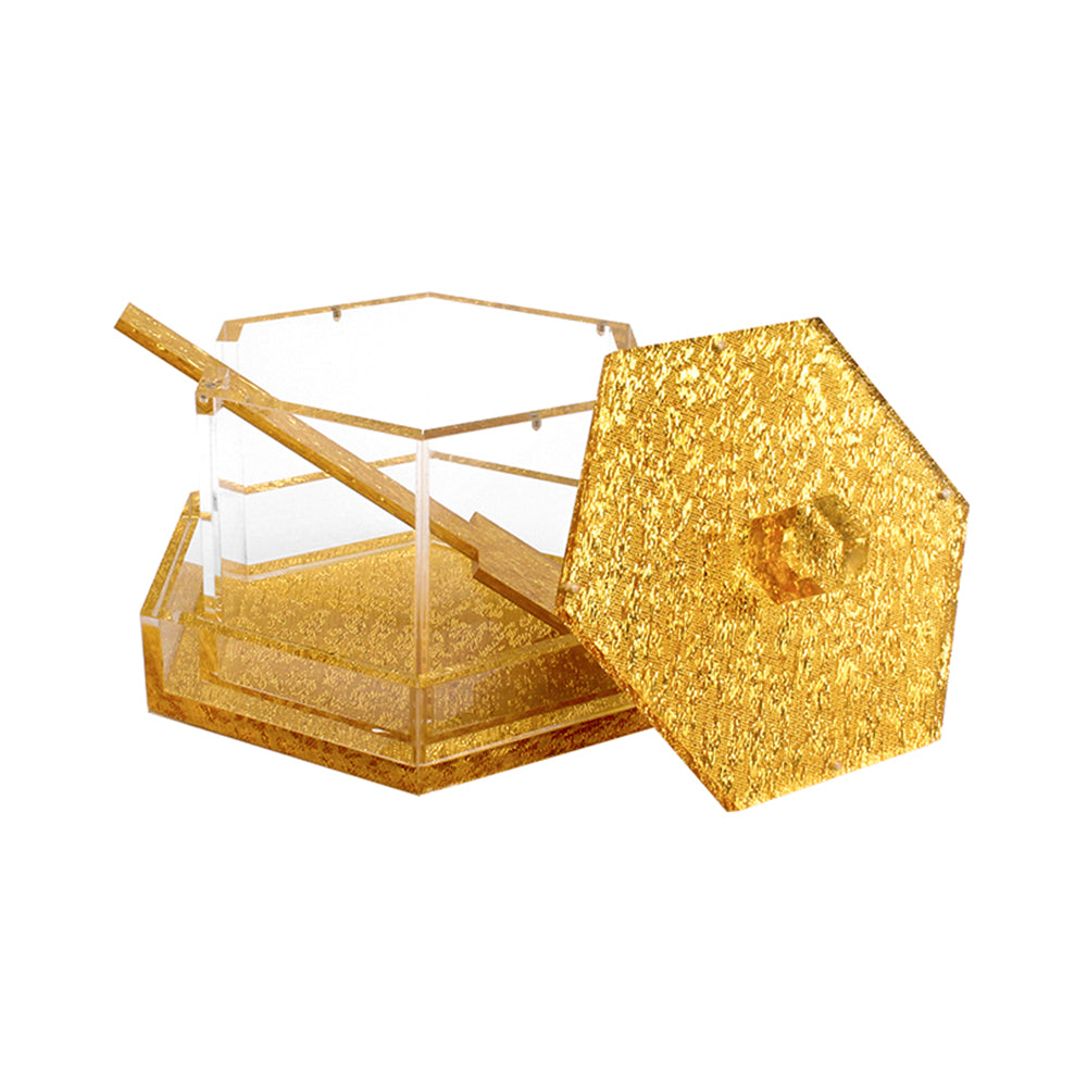 Lucite Hexagon Honey Dish With Base and Spoon