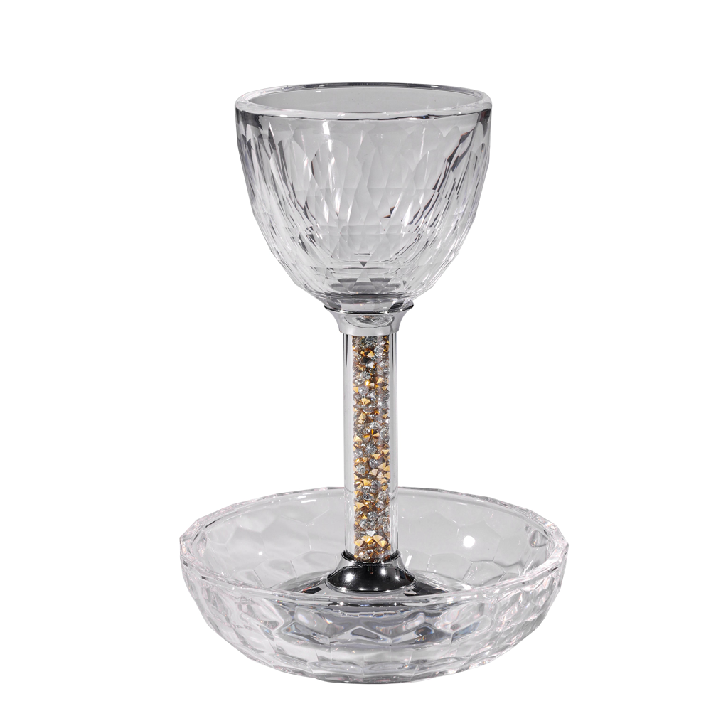 Crystal Kiddush Cup with Clear Gemstones within the Stem and Coordinating Tray