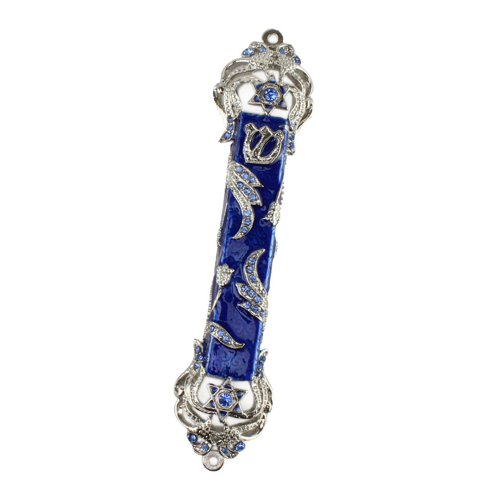 Metal Mezuzah Case Silver Blue White with Blue Crystal