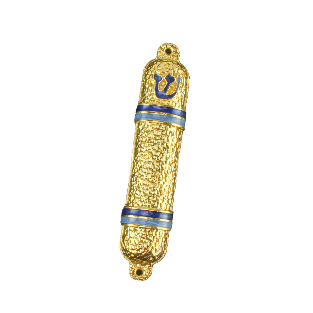 Metal Mezuzah Case Gold with Pink / Blue Lines