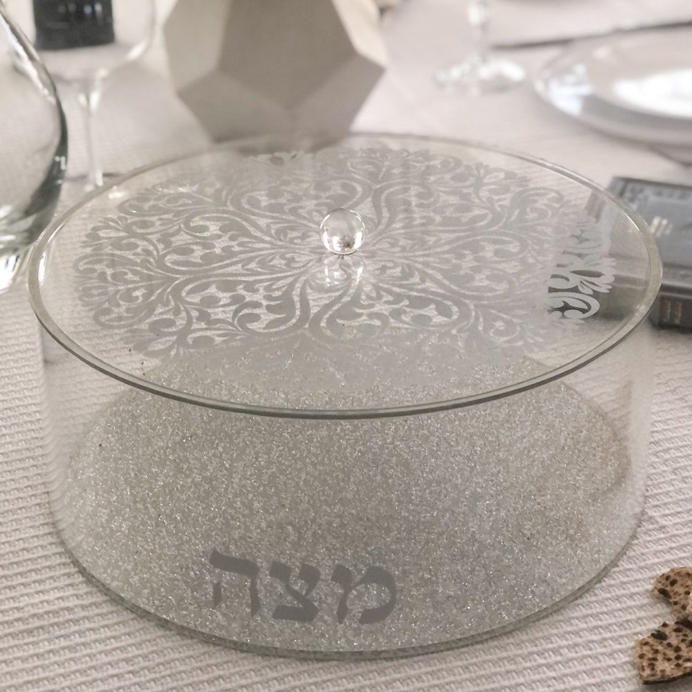 Lucite Matzah Box Silver Floral Design