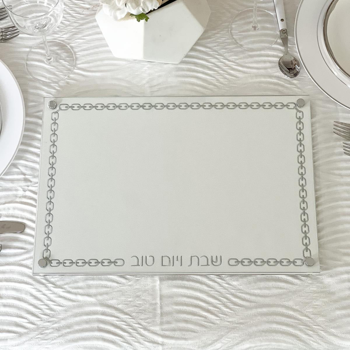 Glass Challah Board with Chain Design Embroidered Leatherette