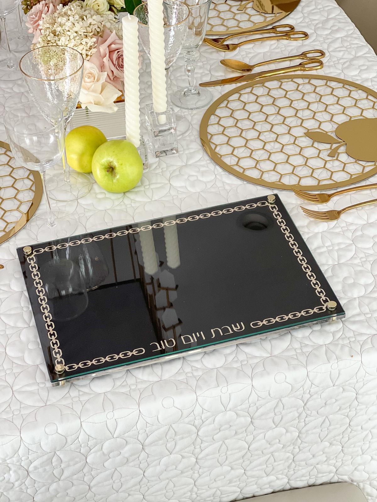 Glass Challah Board with Chain Design Embroidered Black Leatherette
