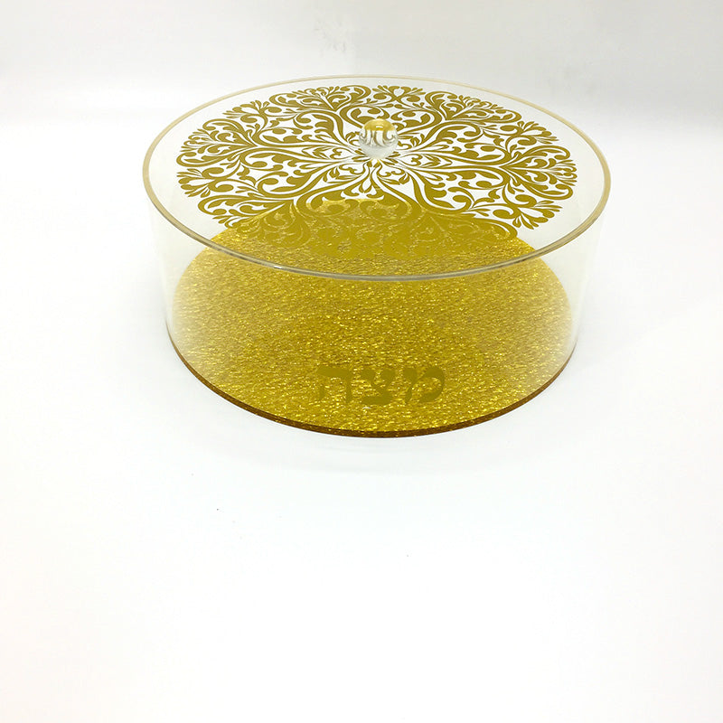 Lucite Matzah Box Gold Floral Design